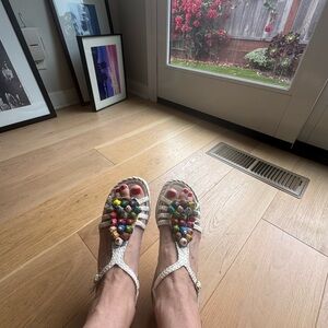 Pons Quintana White Braided T-Strap Sandals with Multicolor Bead Accents